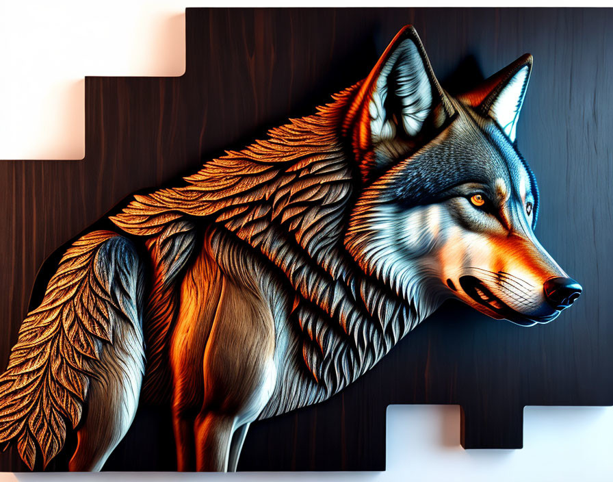 Detailed Wolf Artwork with Vivid Colors and Striking Gaze on Puzzle Background