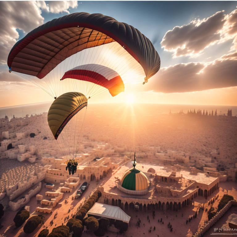 Paragliders above ancient city at sunset with domed building and warm sun glow