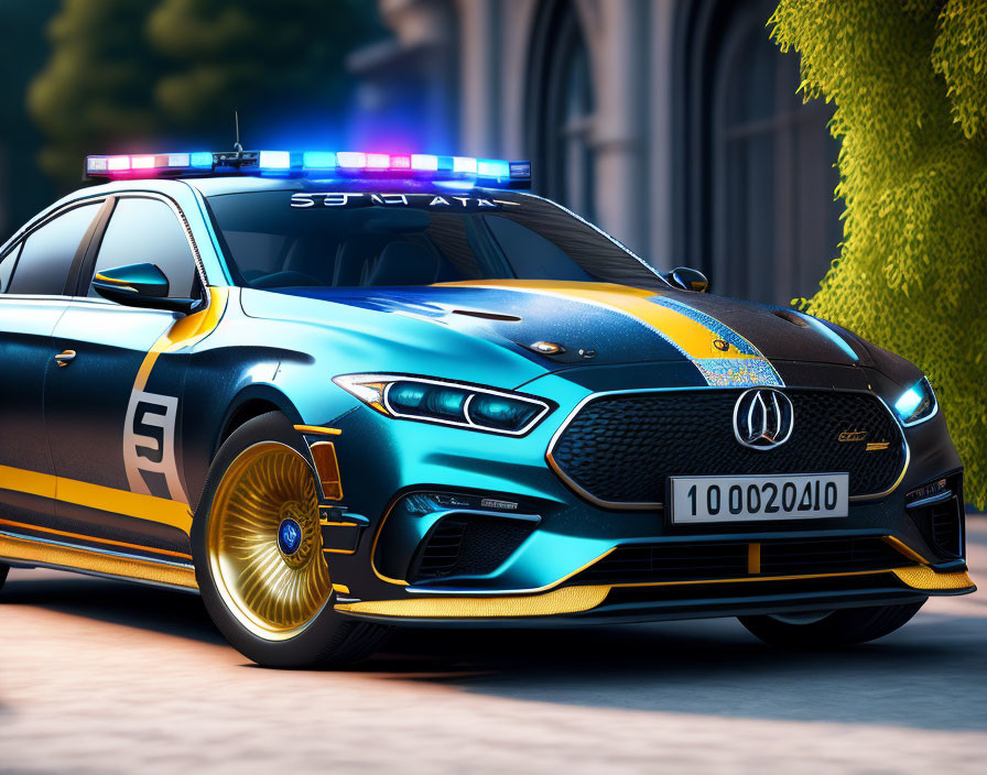 Blue and Gold Digitally Rendered Police Patrol Car with Flashing Lights and Custom License Plate.