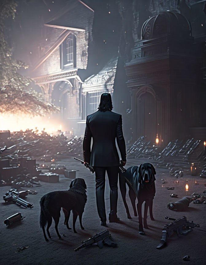 Man in suit with two dogs among guns and candles facing lit building.