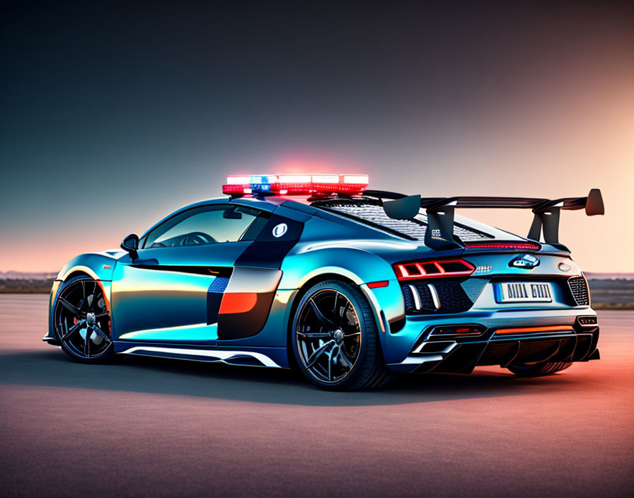 Police sports car with colorful livery and emergency lights against sunset sky