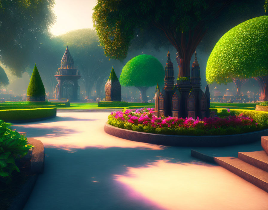 Tranquil Dusk Park with Pathway to Ornate Structure