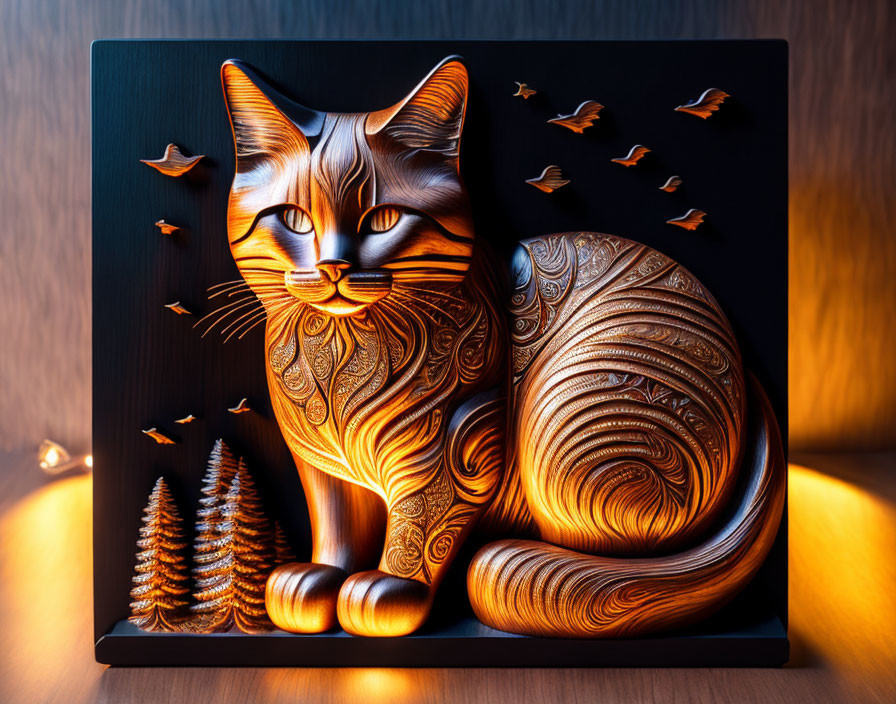 Intricately carved wooden cat with decorative patterns in nature setting