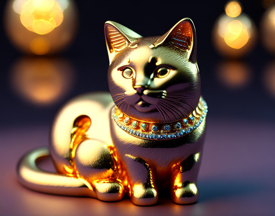 Golden Cat Figurine with Jeweled Collar on Blurred Background