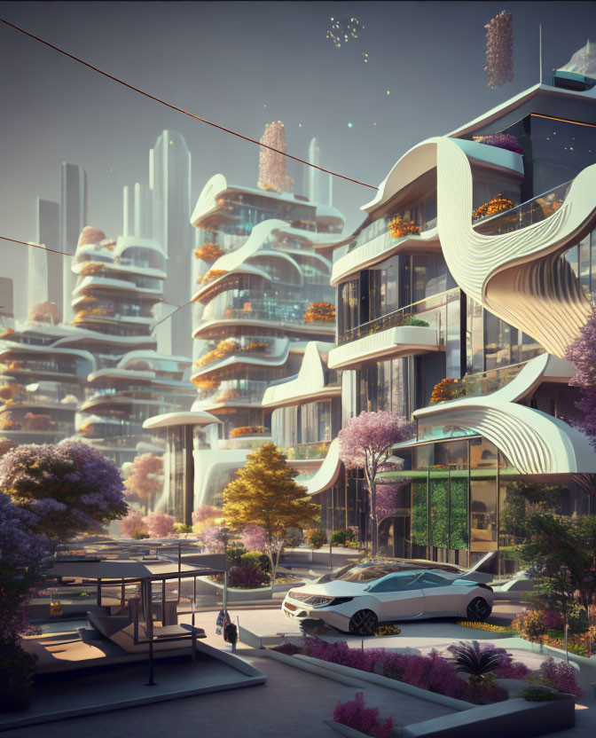 Futuristic cityscape with curvilinear architecture and lush greenery.