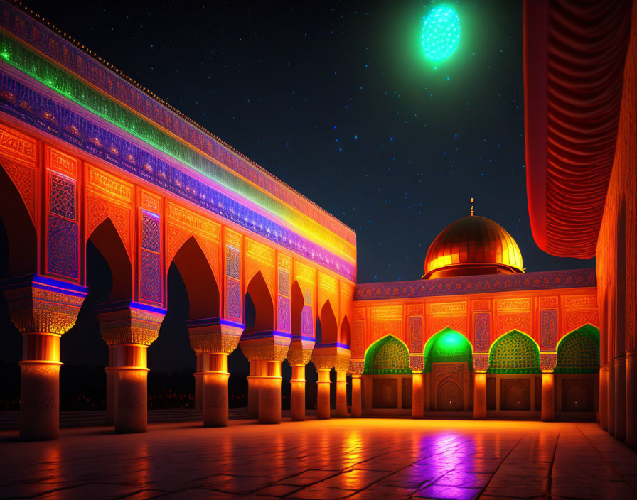 Vibrantly lit mosque with ornate arches under starry sky and green celestial object