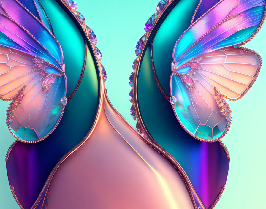 Abstract symmetrical butterfly digital art with iridescent wings and jewel embellishments on pastel gradient.