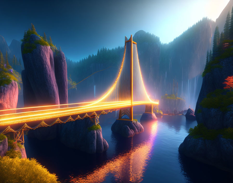 Luminescent suspension bridge over serene river, misty waterfalls, towering cliffs, forest landscape