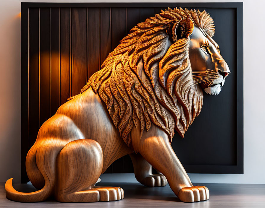 Detailed Wooden Lion Sculpture on Dark Panelled Background