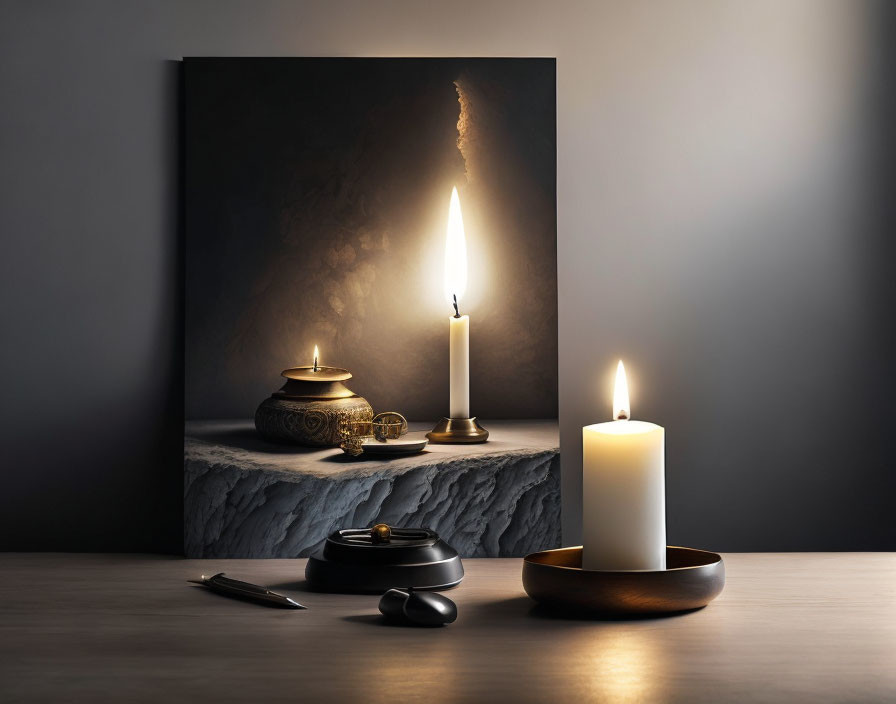 Tranquil table setting with candle, incense burner, and mist-themed wall art