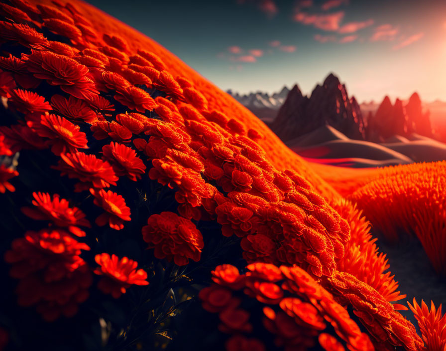 Scenic orange flowers on rolling hills with mountain backdrop at sunset