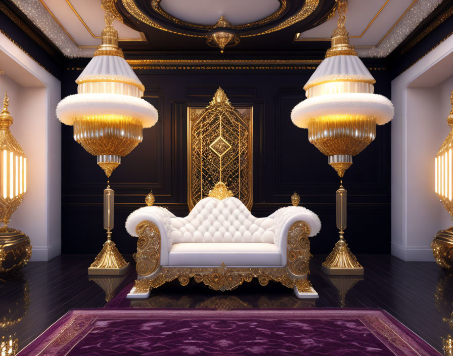 Opulent Room with Golden Decor, Chandeliers, White Sofa, Purple Carpet