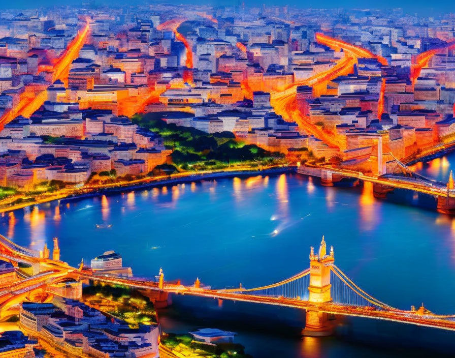 City night view: illuminated streets, lit-up bridge over calm river