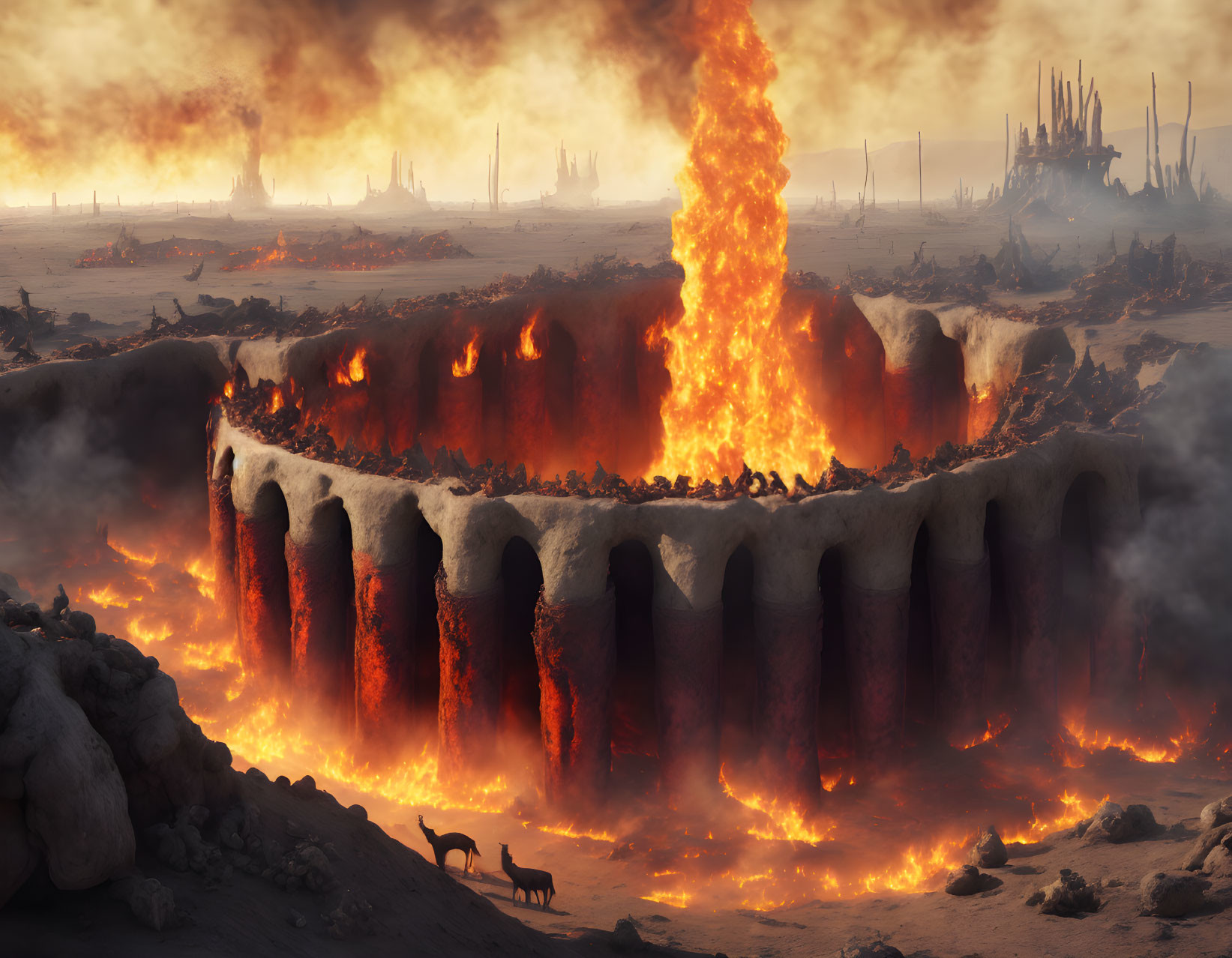 Dystopian landscape with fiery pit, lava flows, and lone horse