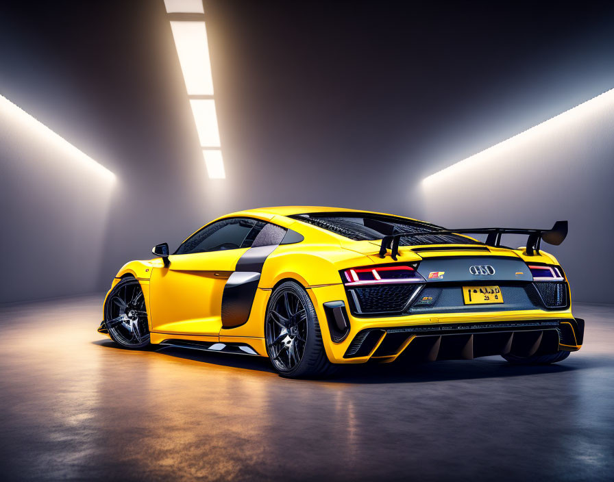 Yellow Audi R8 Sports Car with Rear Spoiler in Dramatic Studio Setting