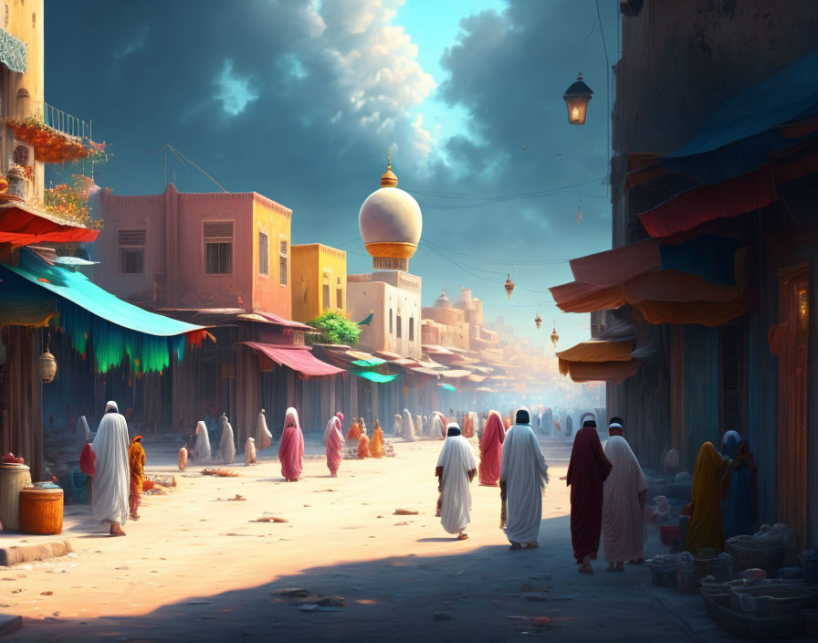 Vibrant Eastern market street with traditional clothing and mosque with golden dome