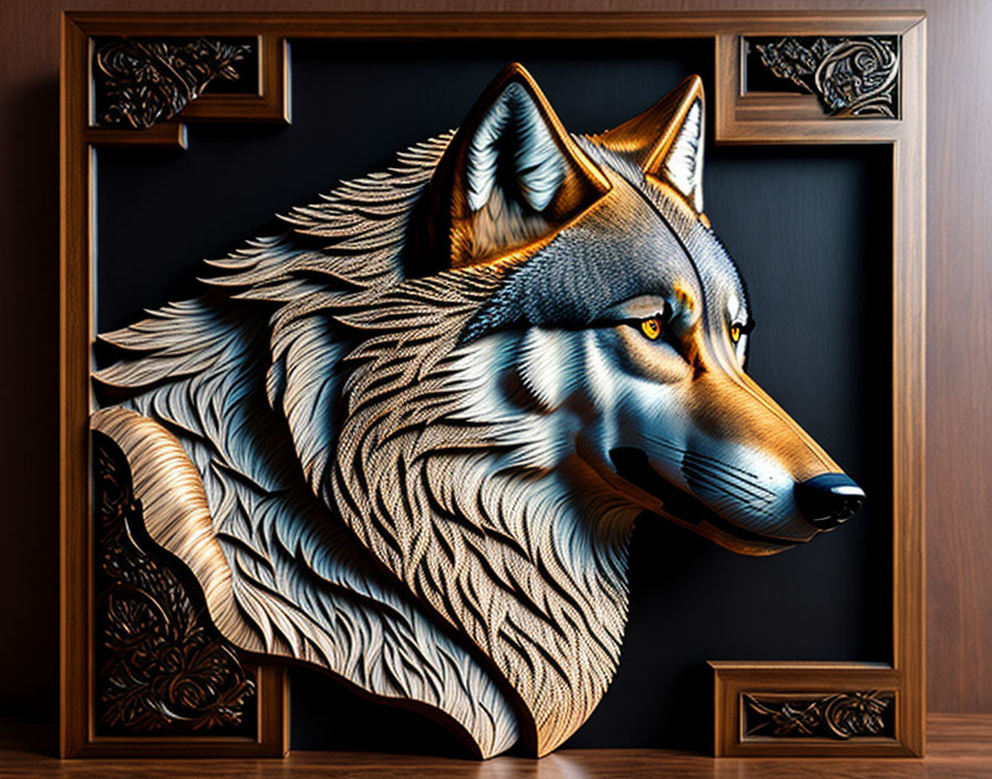 Intricate 3D wooden wolf head sculpture in ornate frame