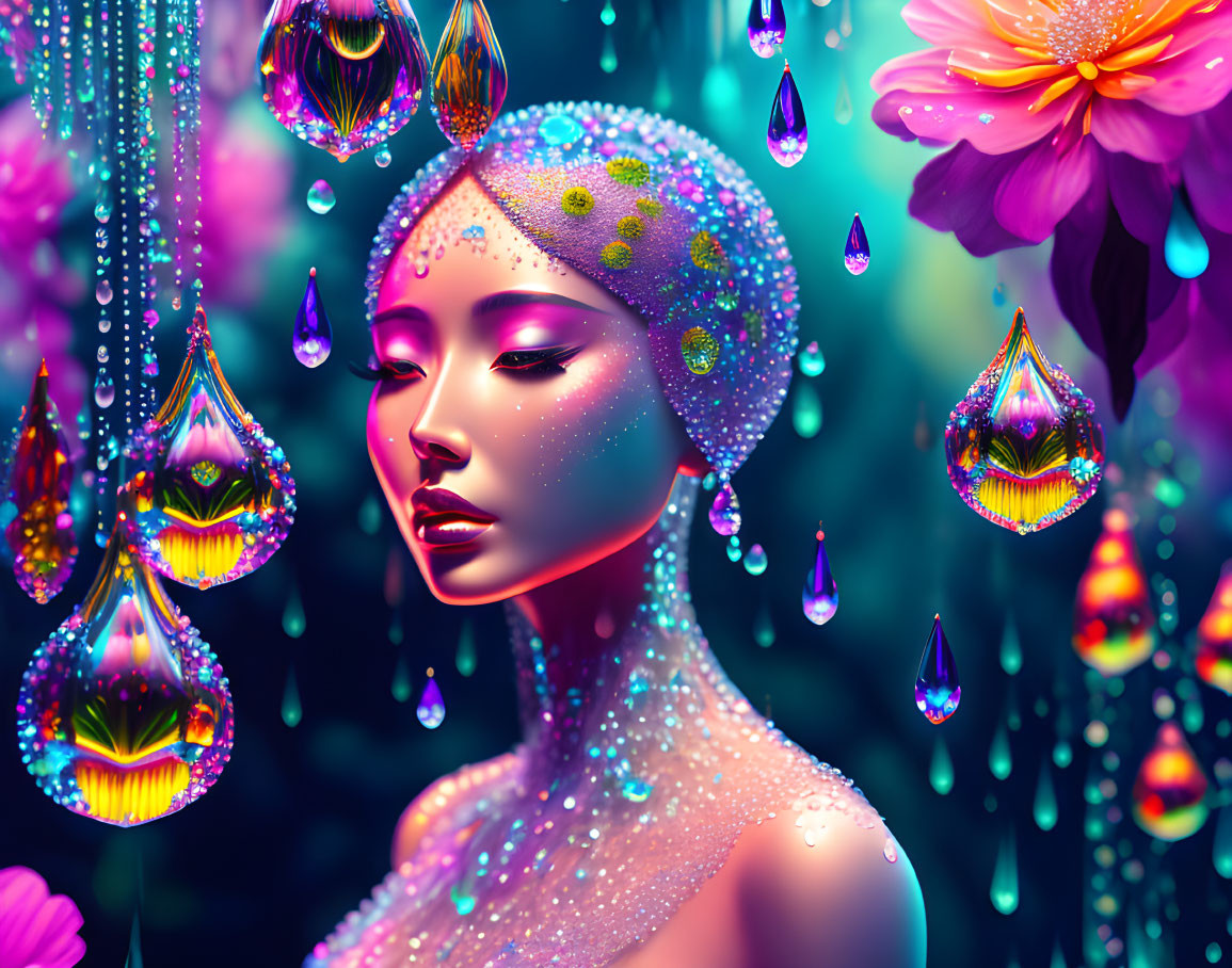 Colorful digital artwork featuring a woman with pearls and glitter, surrounded by crystals and floral elements