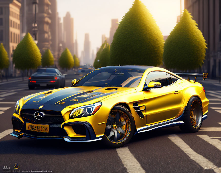 Yellow Sports Car Parked on City Street with Sunlight and Green Trees