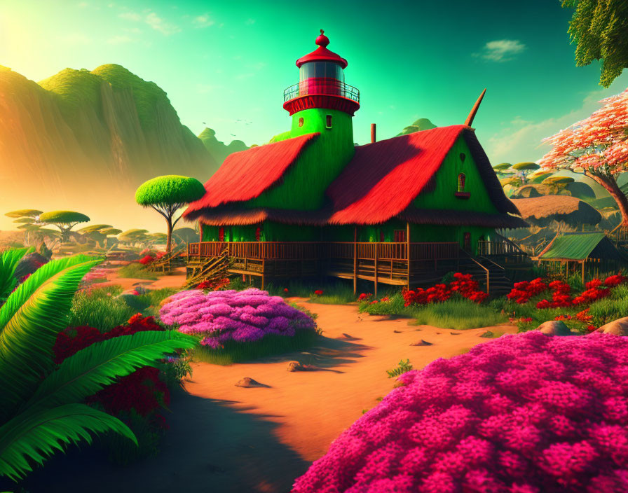 Colorful fantasy landscape with green house and red lighthouse nestled among vibrant flora.