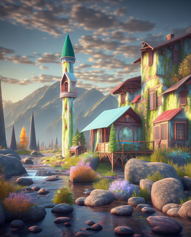 Picturesque fantasy village with tall spire, stream, vibrant flowers, and mountain backdrop