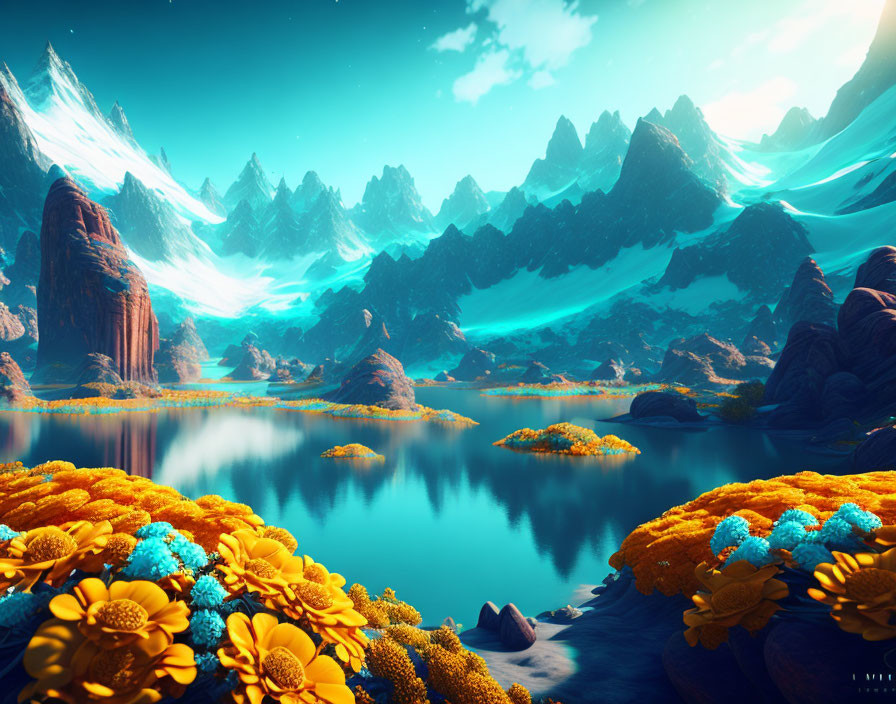 Vibrant yellow flowers, blue lake, and jagged mountains in a fantastical landscape