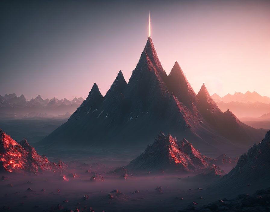 Surreal landscape: Dark mountains under pink sky, glowing peaks