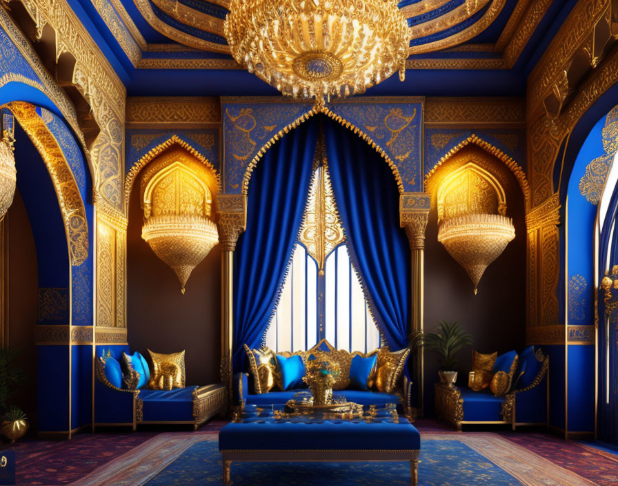 Elegant Room with Blue and Gold Walls and Ornate Decor