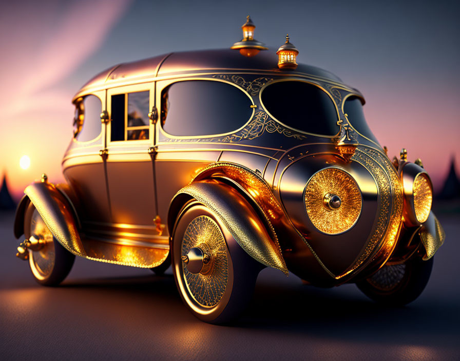 Vintage Car with Golden Embellishments in Sunset Setting