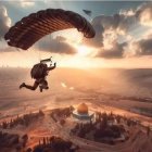 Paragliders above ancient city at sunset with domed building and warm sun glow