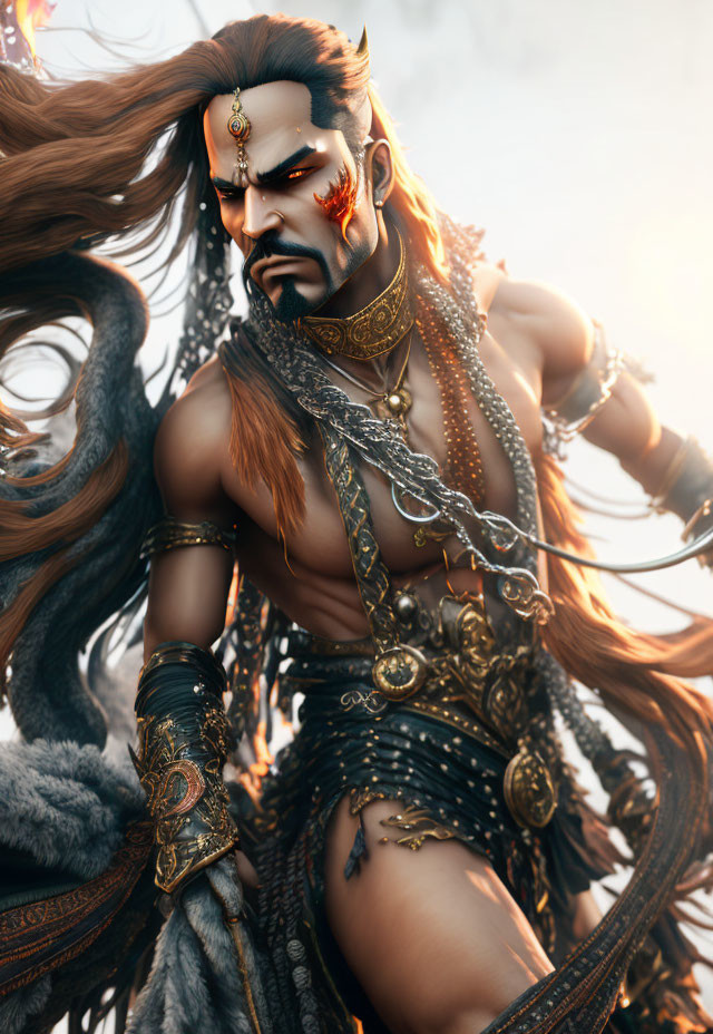 Illustration of male warrior with flowing hair and gold armor against glowing background