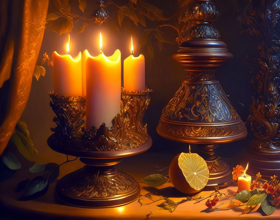 Tranquil still life with candles, lemon, and green leaves