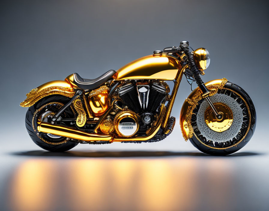 Golden Motorcycle with Detailed Embellishments on Gray Gradient Background