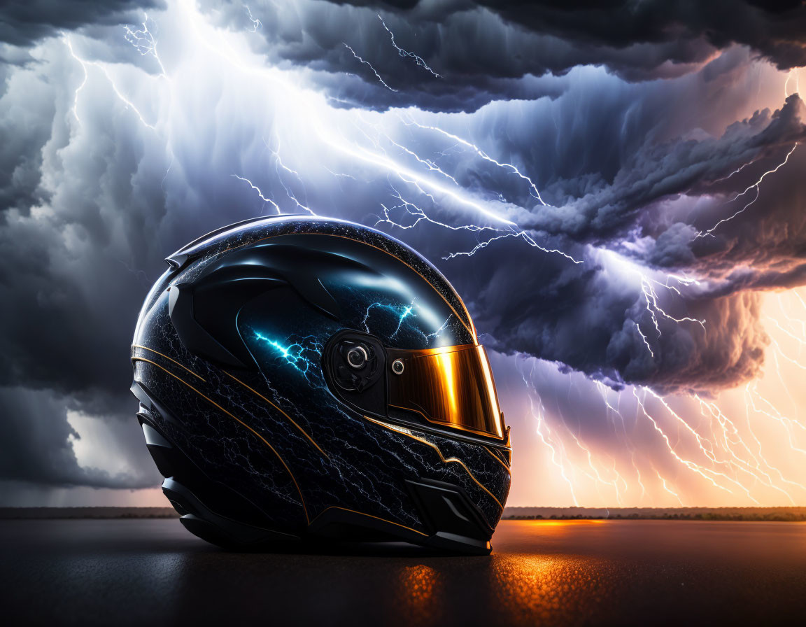 Lightning design motorcycle helmet under dramatic stormy sky