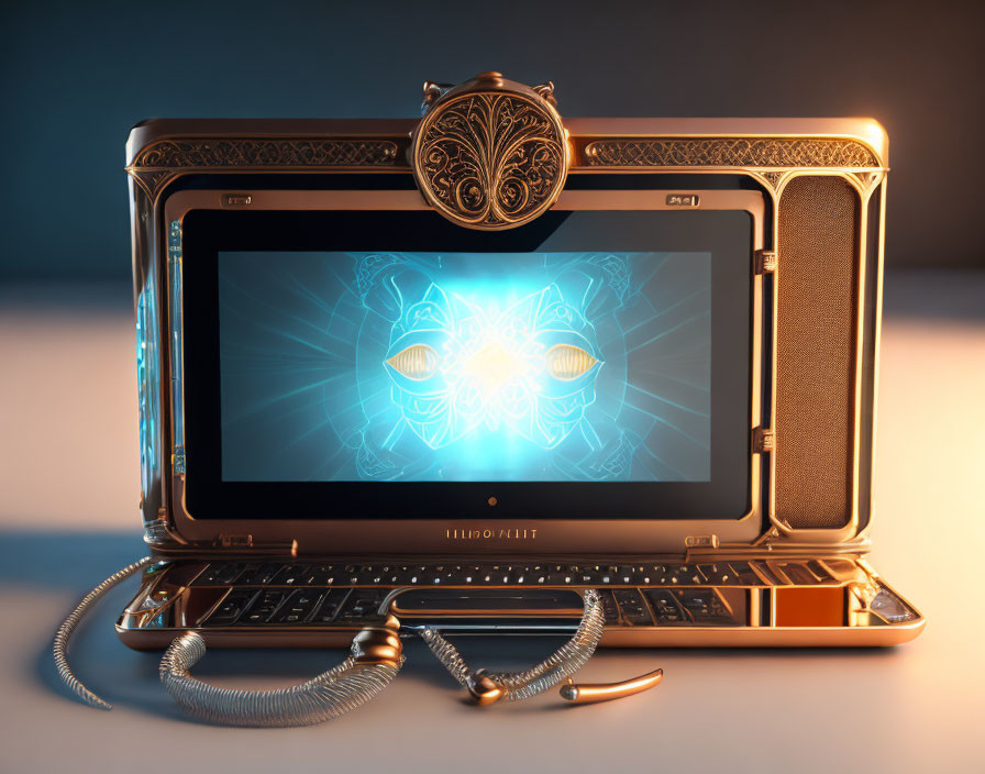 Golden Laptop with Blue Emblem and Pocket Watch Attachment