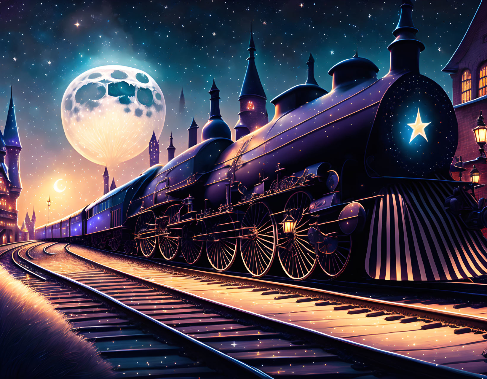 Vintage Train Station Night Scene with Steam Locomotive, Moon, and Starry Sky