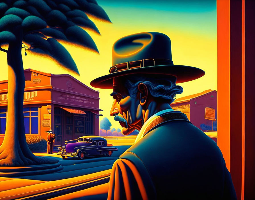 Illustration of man in hat observing retro street with vintage cars and classic architecture in warm colors