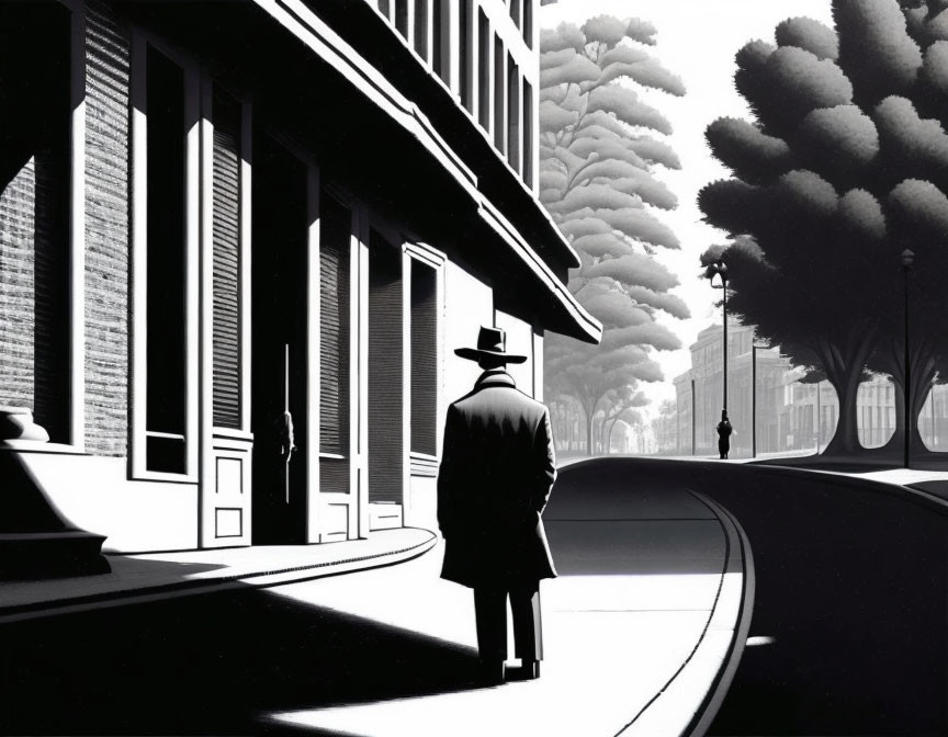 Monochromatic film noir-inspired cityscape with mysterious figure.