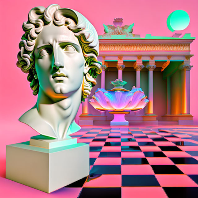 Colorful Bust and Surreal Setting with Checkerboard Flooring and Temple Structure