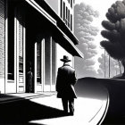 Monochromatic film noir-inspired cityscape with mysterious figure.