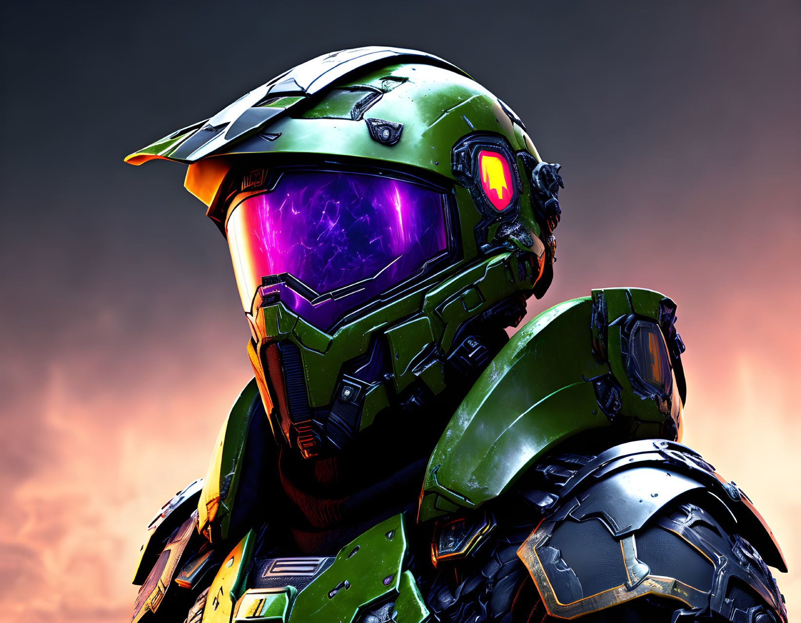 Futuristic armored helmet with purple visor and green metallic plates against dramatic cloudy sky