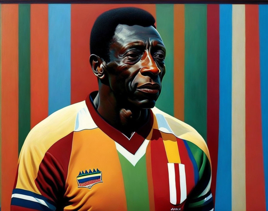 Man in contemplative expression wearing colorful striped jersey against vertical stripes background