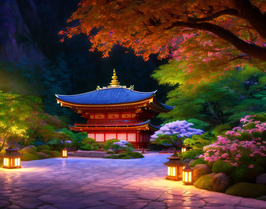 Japanese Temple Twilight Scene with Cherry Blossoms and Garden