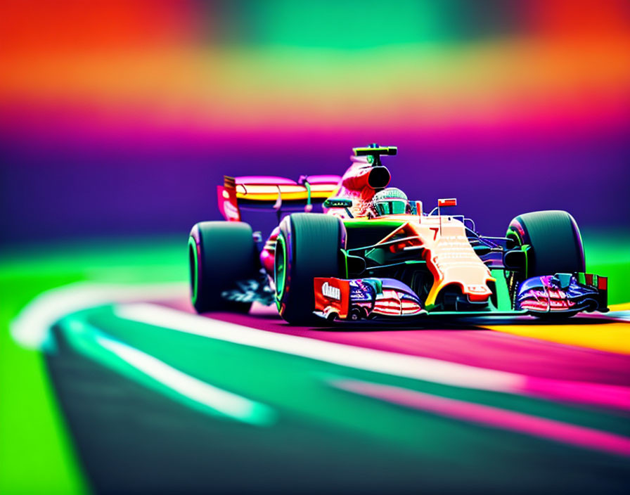 Colorful Formula 1 car racing on track with rainbow background