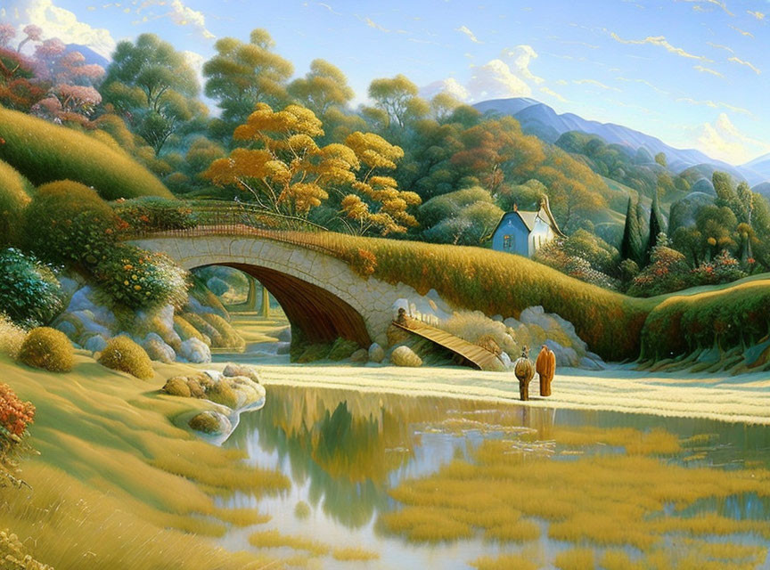 Tranquil river landscape with stone bridge, autumn trees, and figures walking