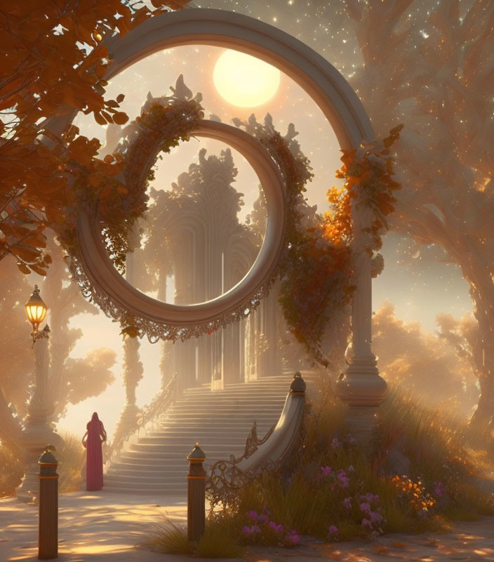 Person in Red Cloak at Base of Ornate Stairs Surrounded by Autumn Trees and Portal