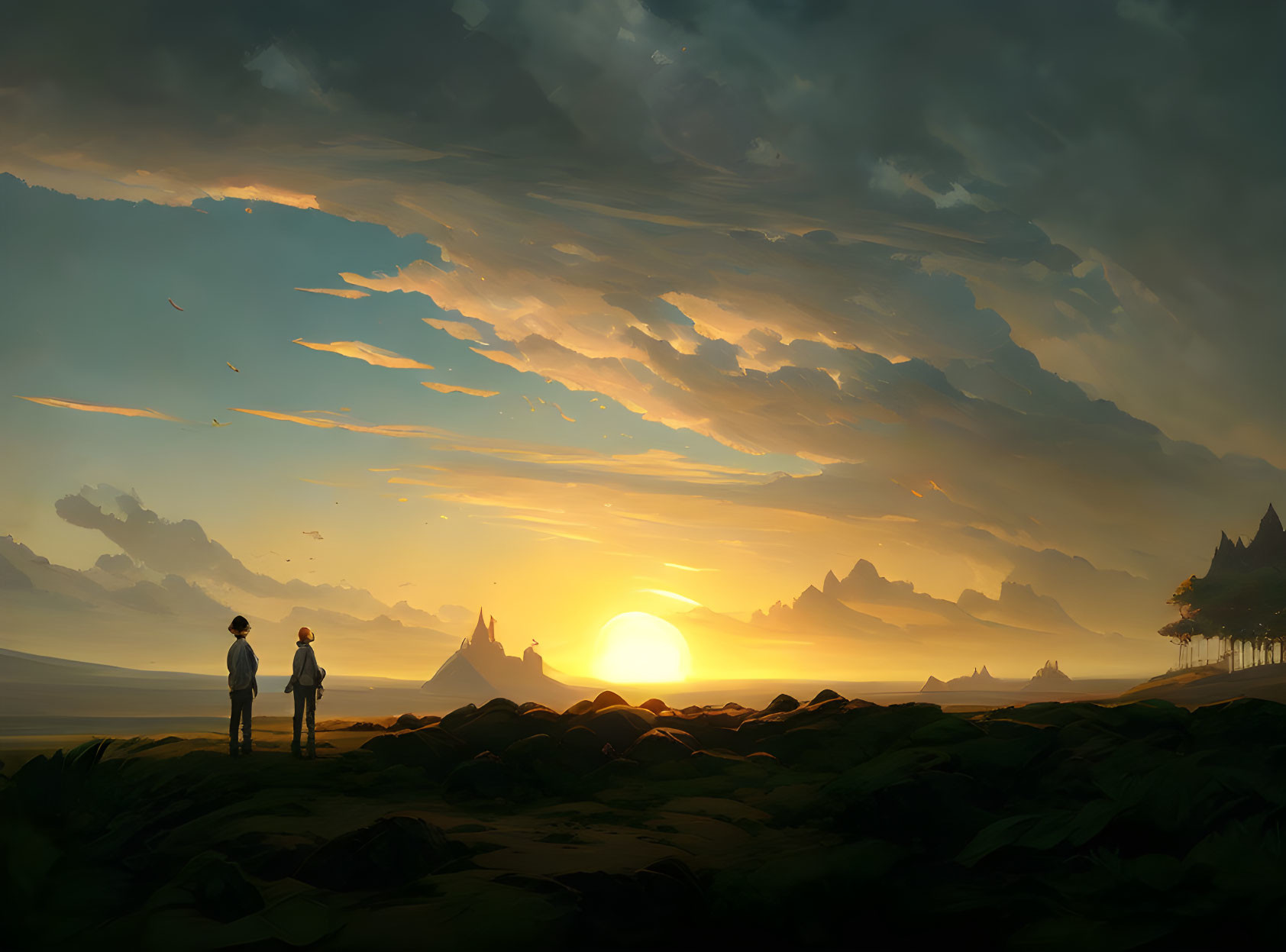 Sunset landscape with two people on rocky terrain, sun, mountains, and birds.