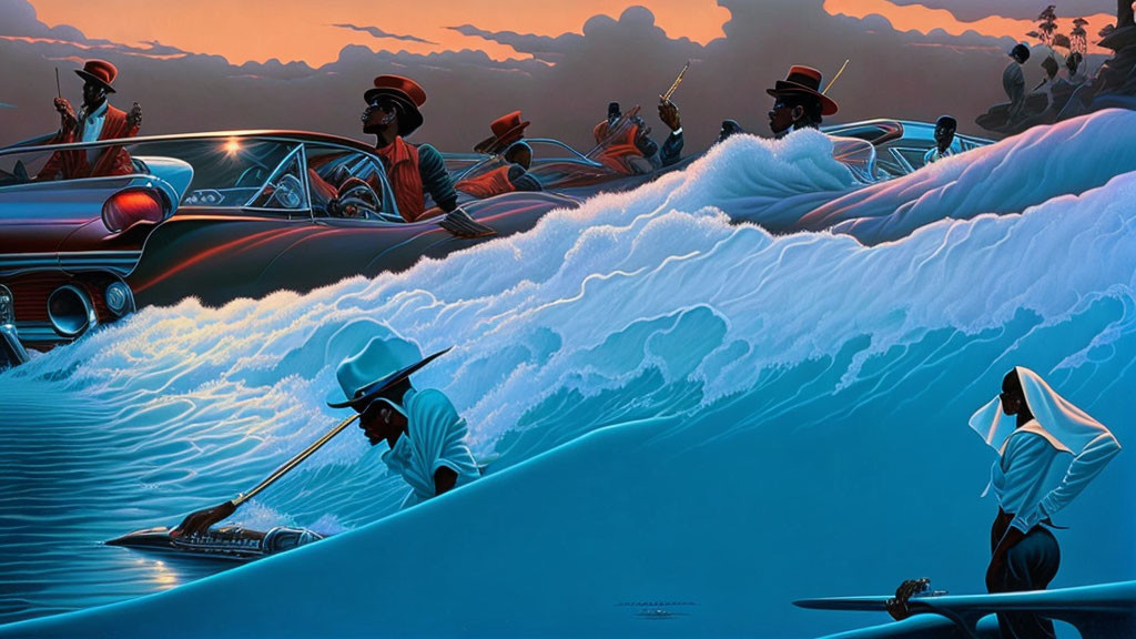 Stylized cars surfing waves with elegantly dressed people, paddler, and nun.