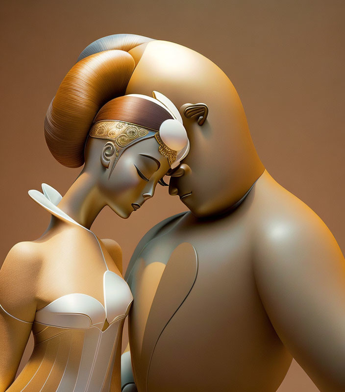 Stylized figures in elaborate attire sharing a quiet moment