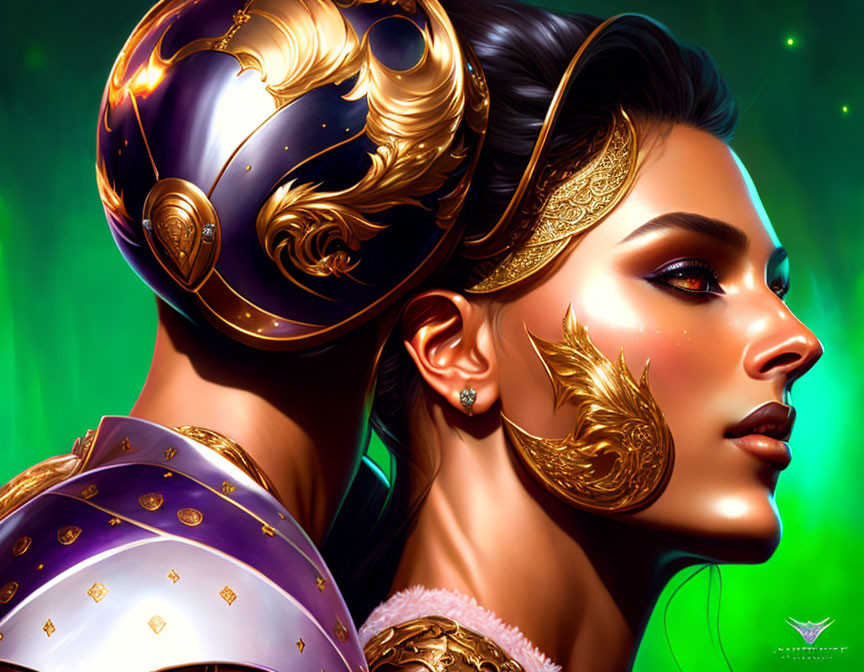 Detailed portrayal of a woman in golden armor against lush green background